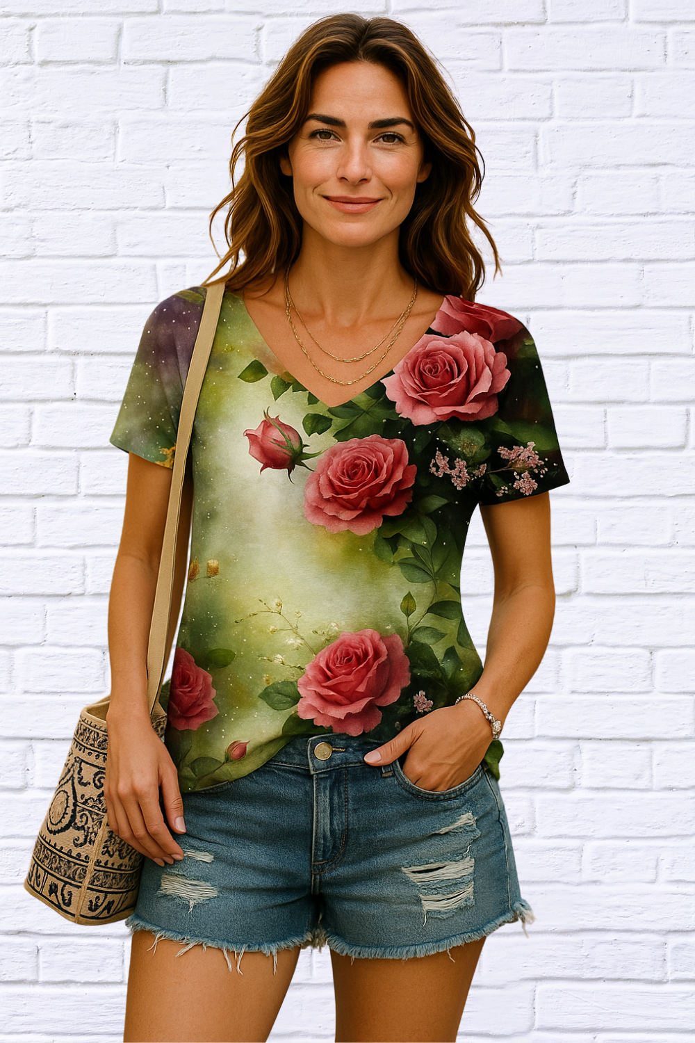 Vibrant Floral Print Short Sleeve V Neck T-Shirt