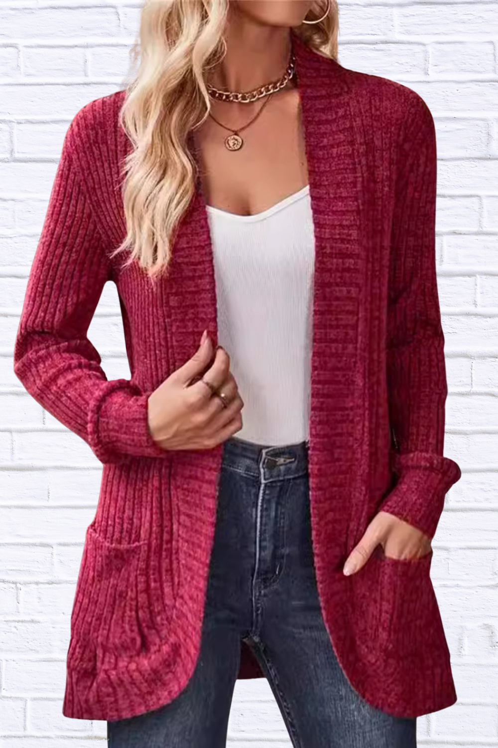 Ribbed Open Front Long Cardigan with Pockets
