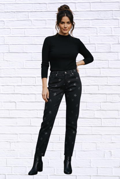 Star Printed Denim Jeans - Black and white Star Print