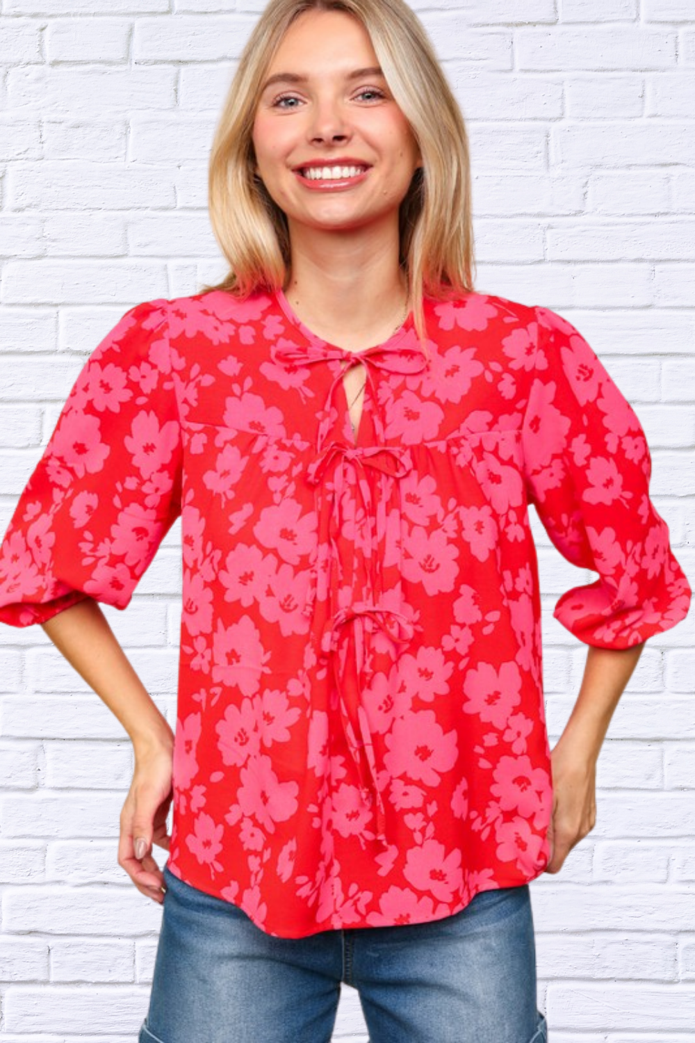 Full Size Ribbon Bow Floral Balloon Sleeve Blouse