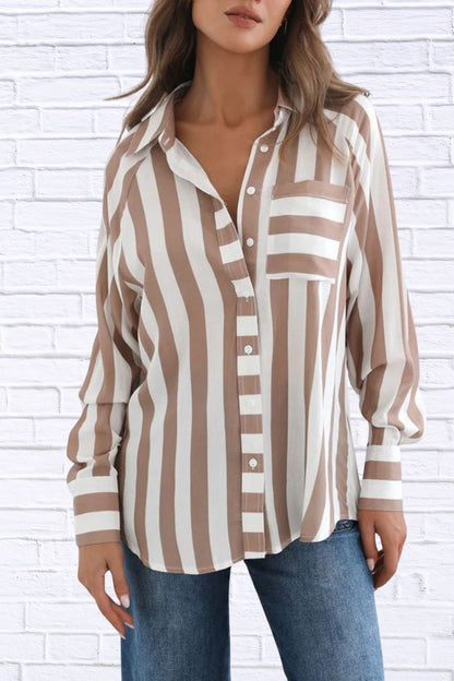 Striped Button-Down Shirt with Pockets for Women
