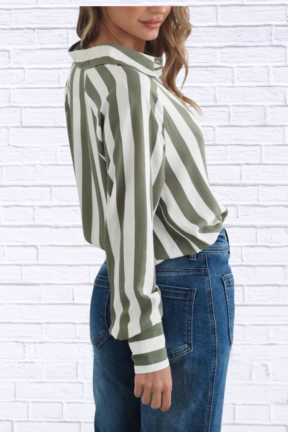 Striped Button-Down Shirt with Pockets for Women