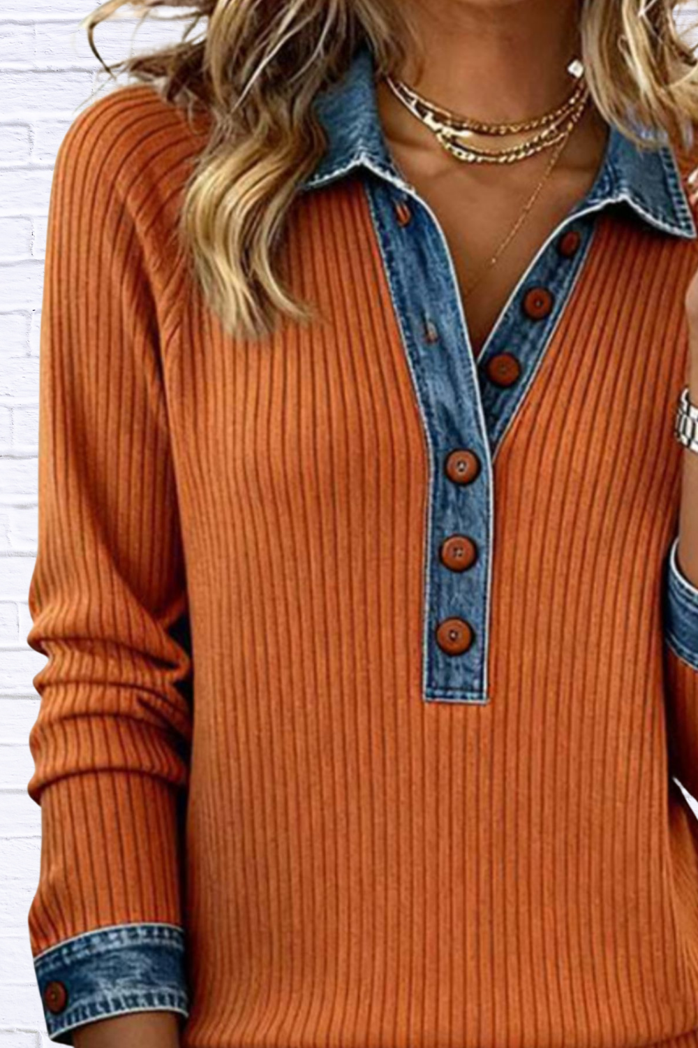 Full Size Denim Trim Button Front Ribbed Knit Top Plus Size