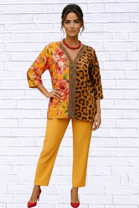 Demi Chiffon Combo Animal and Floral Blouse - Tangerine