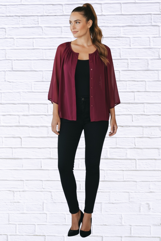 Sheer Chiffon Button-Front Blouse – Lightweight 3/4 Sleeve Top with Layered Tank Look