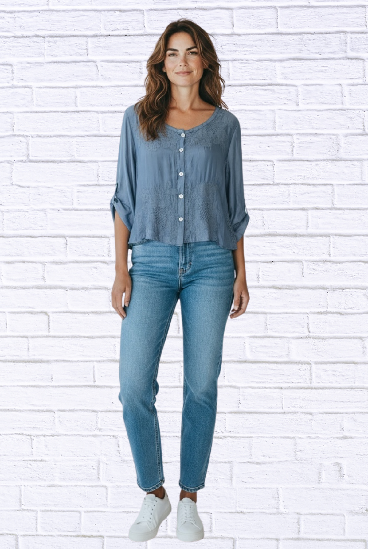 Silk-Lined Embroidered Button-Up Blouse – 3/4 Sleeve Round Neck Elegant Top