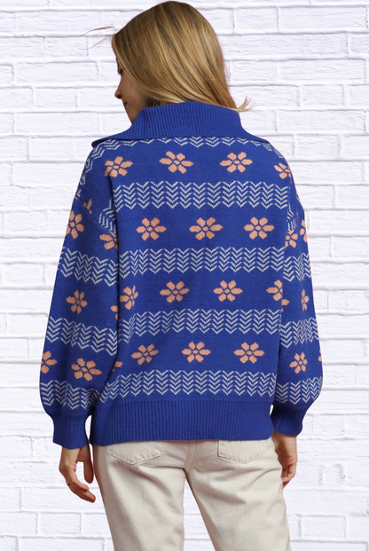 Umgee Floral Patterned Jacquard Quarter-Zip Pullover Sweater