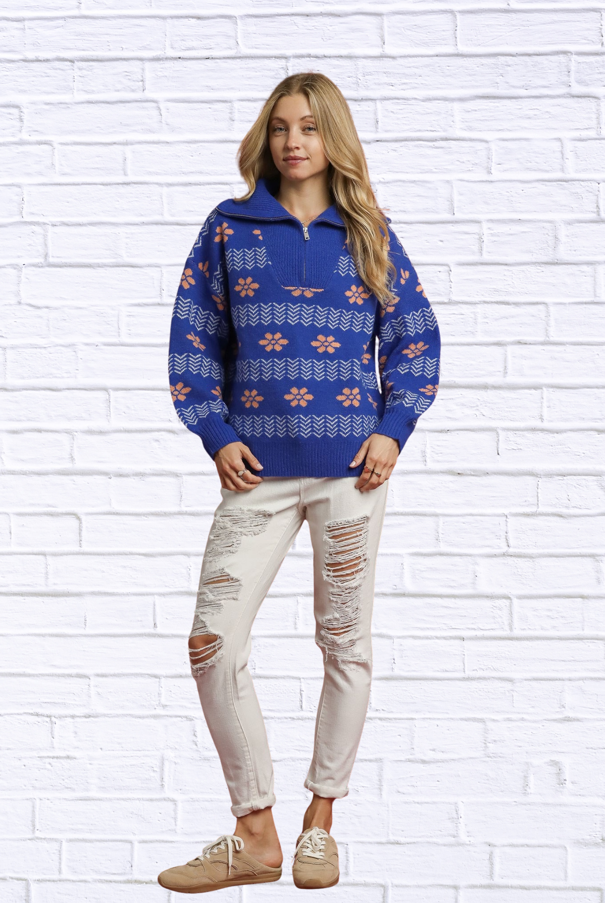 Umgee Floral Patterned Jacquard Quarter-Zip Pullover Sweater