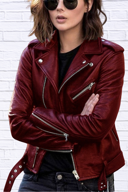 Full Size Zip Up Leather Motorcycle Biker Jacket Plus Size