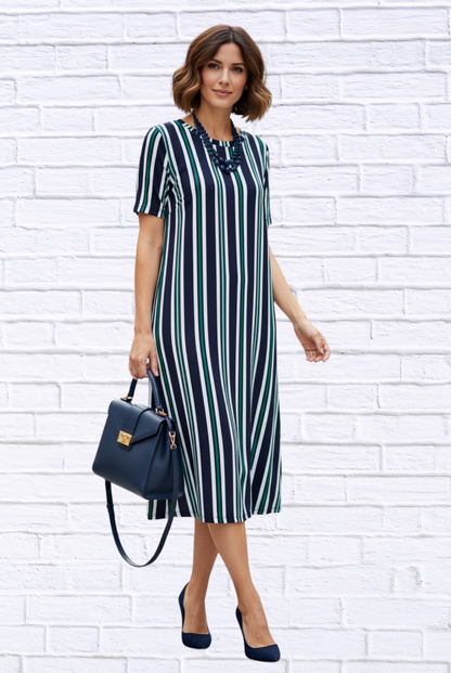 Striped Knit Bon Bon Dress – Short Sleeve Midi Dress with Stretch Comfort