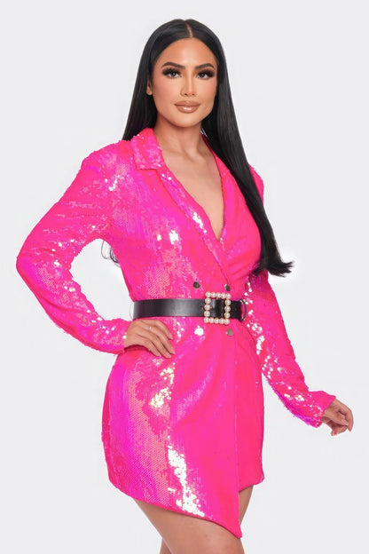 Blue Zone Planet | Elise's Hot Pink Pearl Belted Sequin Blazer Mini Dress