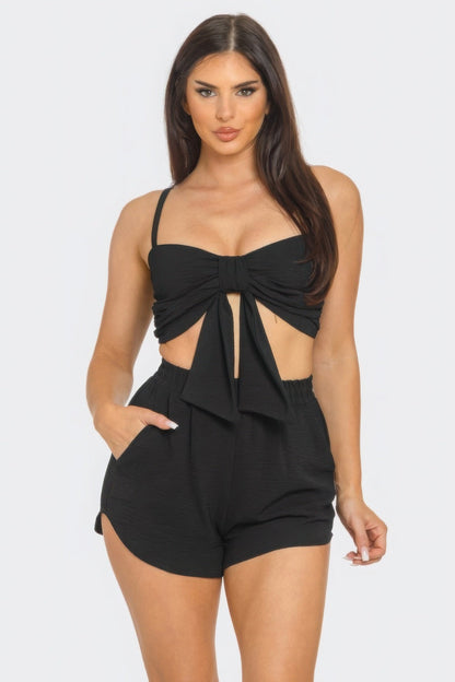 Blue Zone Planet | Front Oversized Bow Twisted Tie Top And Shorts Set