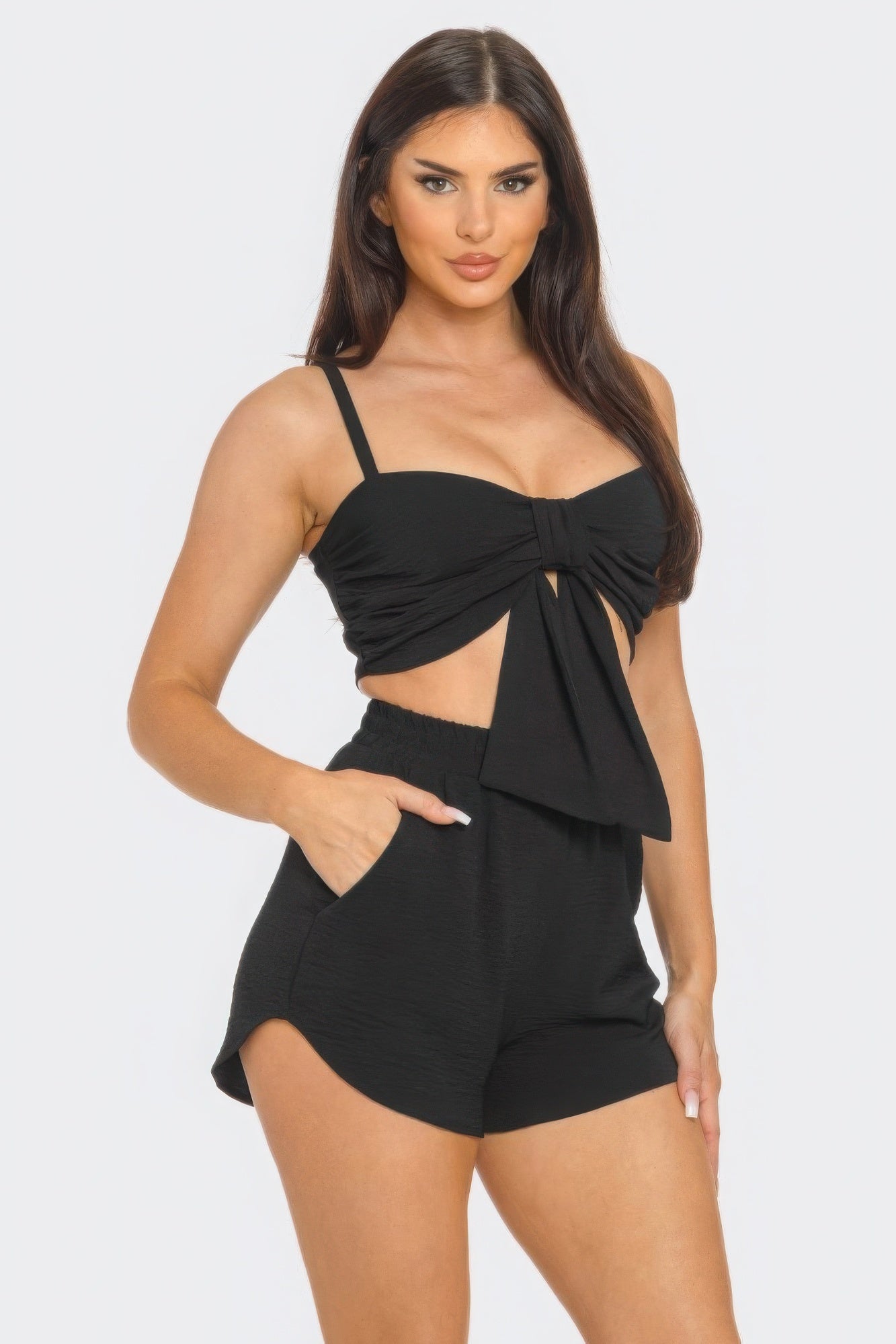Blue Zone Planet | Front Oversized Bow Twisted Tie Top And Shorts Set