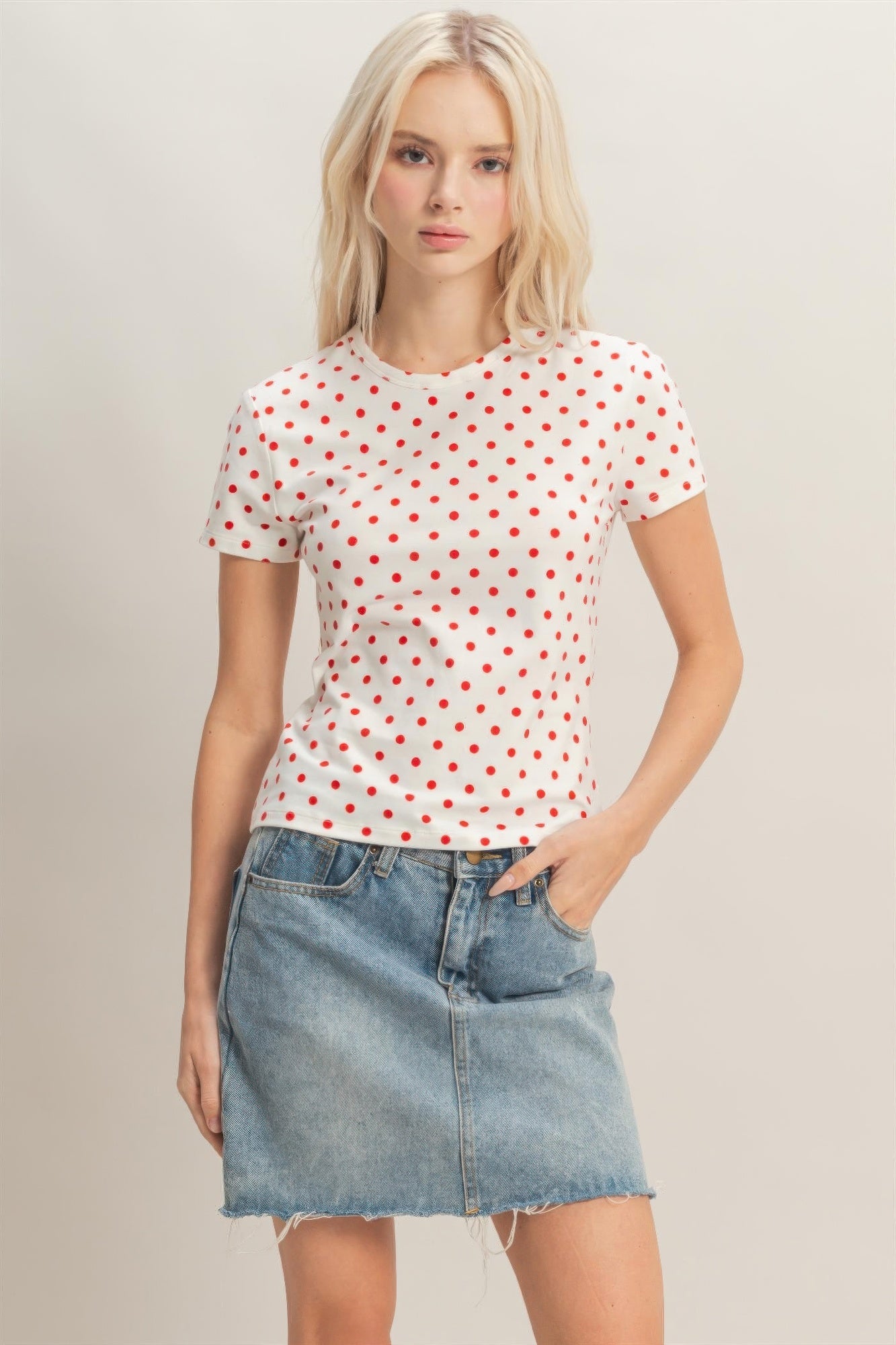 Polka Dot Short Sleeve Crew Neck Top
