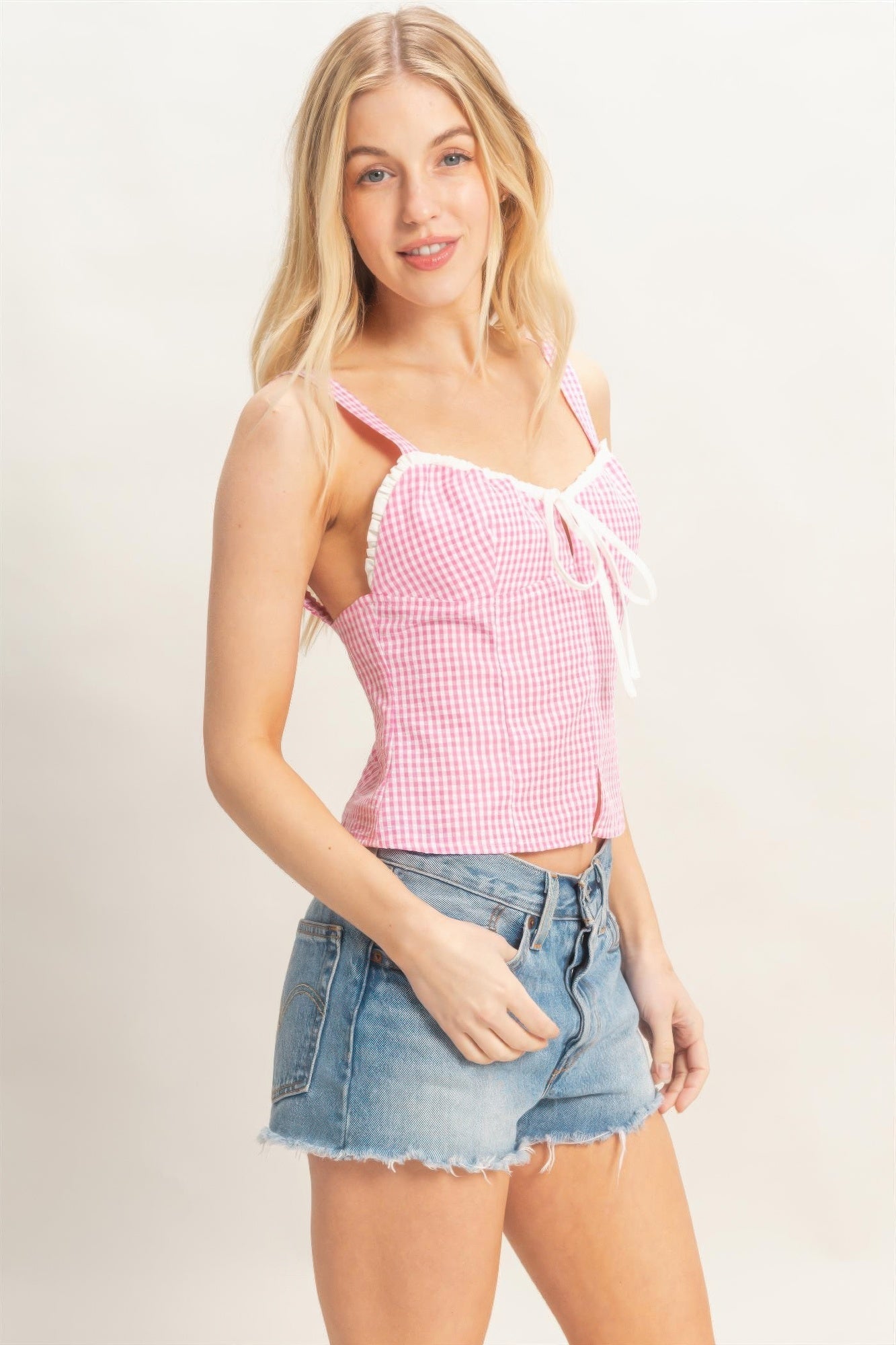Gingham Tie Front Tank Top