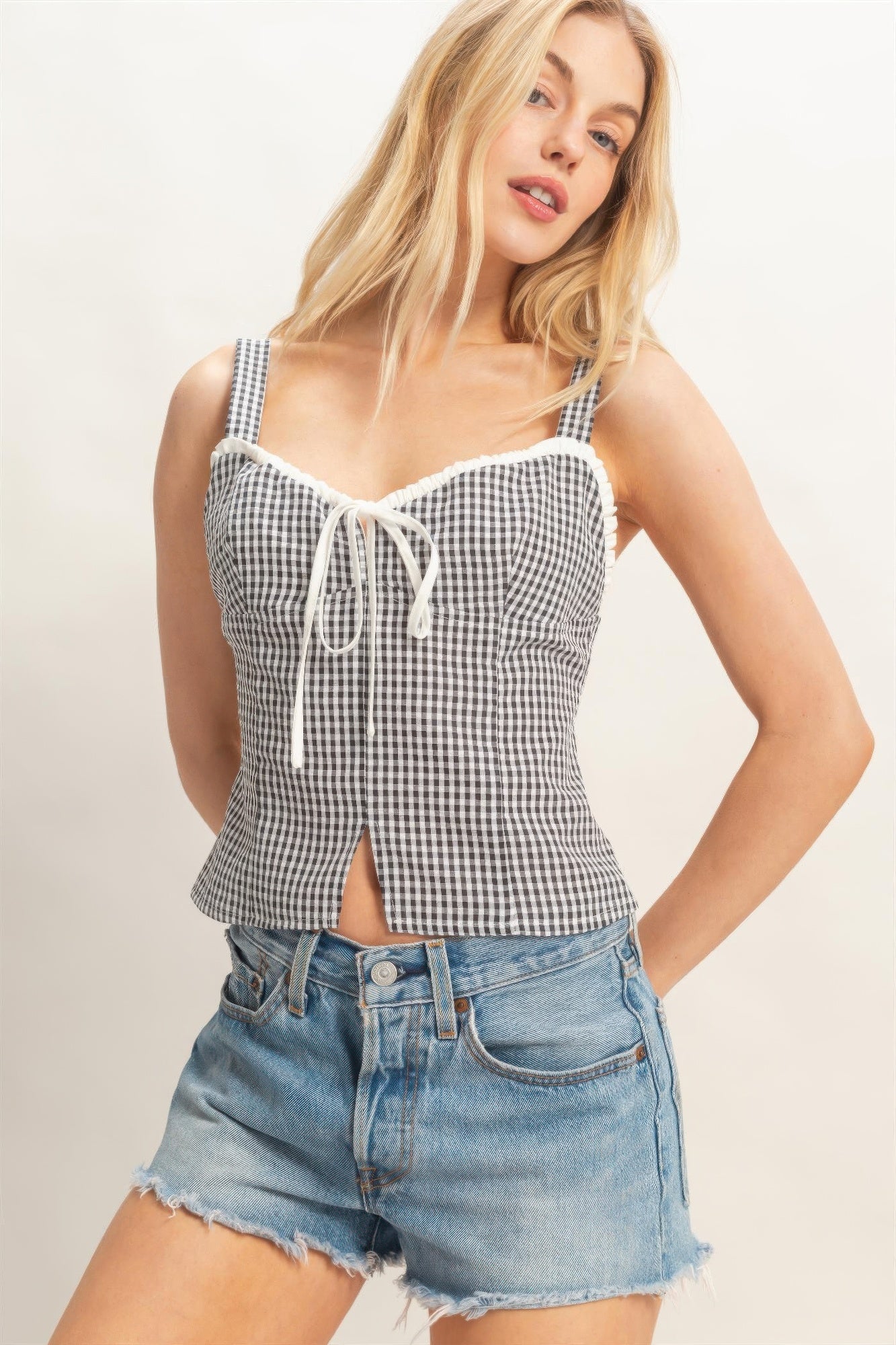 Gingham Tie Front Tank Top