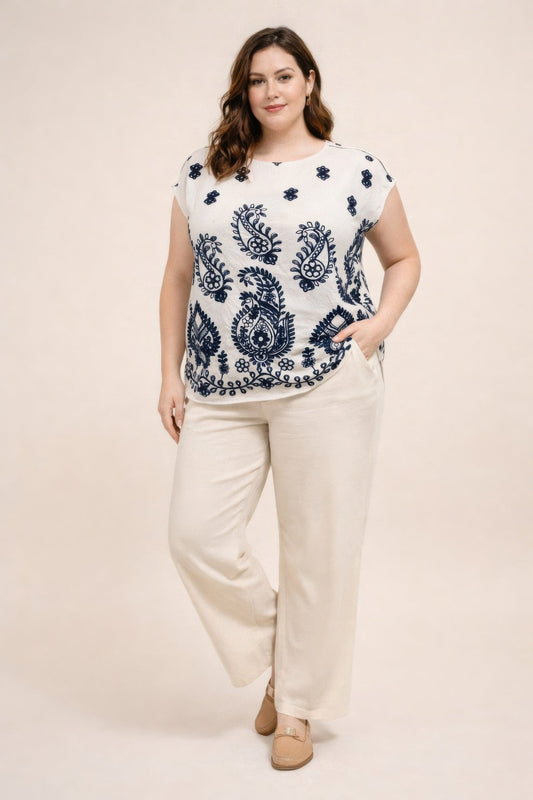Plus Size Paisley Border Print Button-shoulder Top