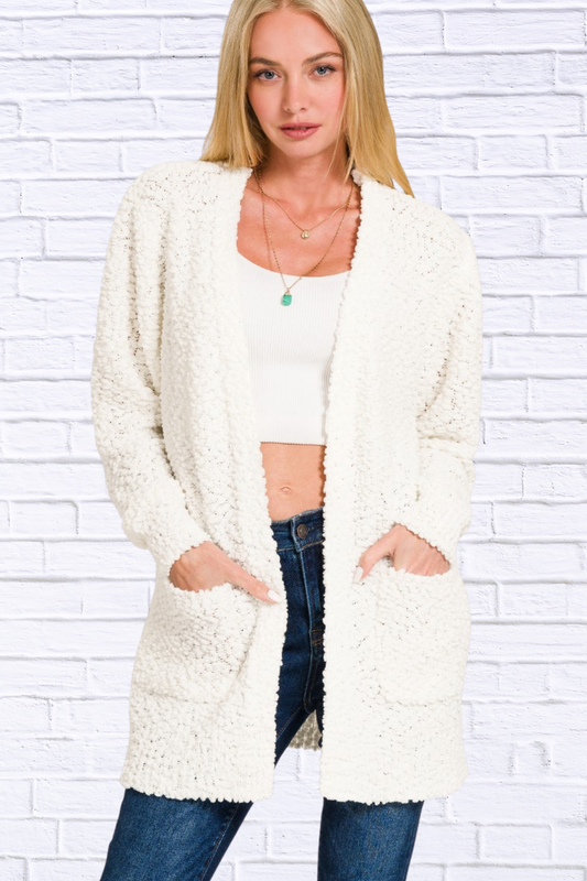 Zenana Long Sleeve Popcorn Sweater Cardigan with Pockets
