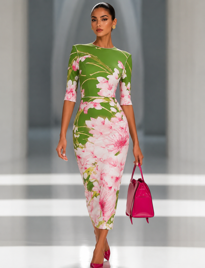 Green Floral Midi Dress for Women | Elegant Occasion Dress