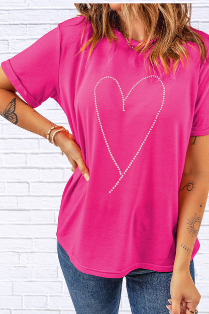 Rhinestone Heart Graphic Crew Neck Valentines Tee