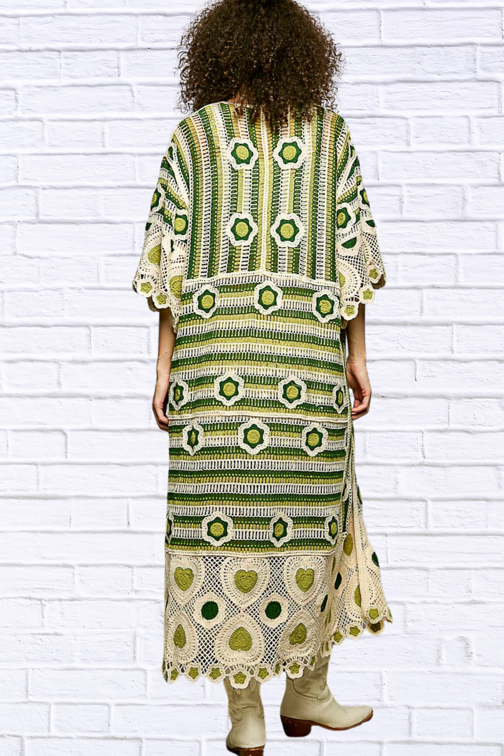 Janice Striped and Floral Pattern Crochet Longline Cardigan