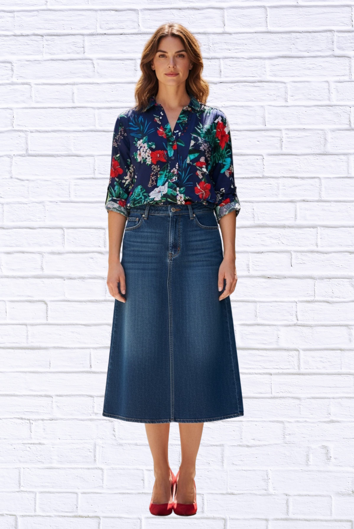 Tropical Floral Viscose Button-Up Shirt – Collared Long Sleeve Blouse with Front Pocket