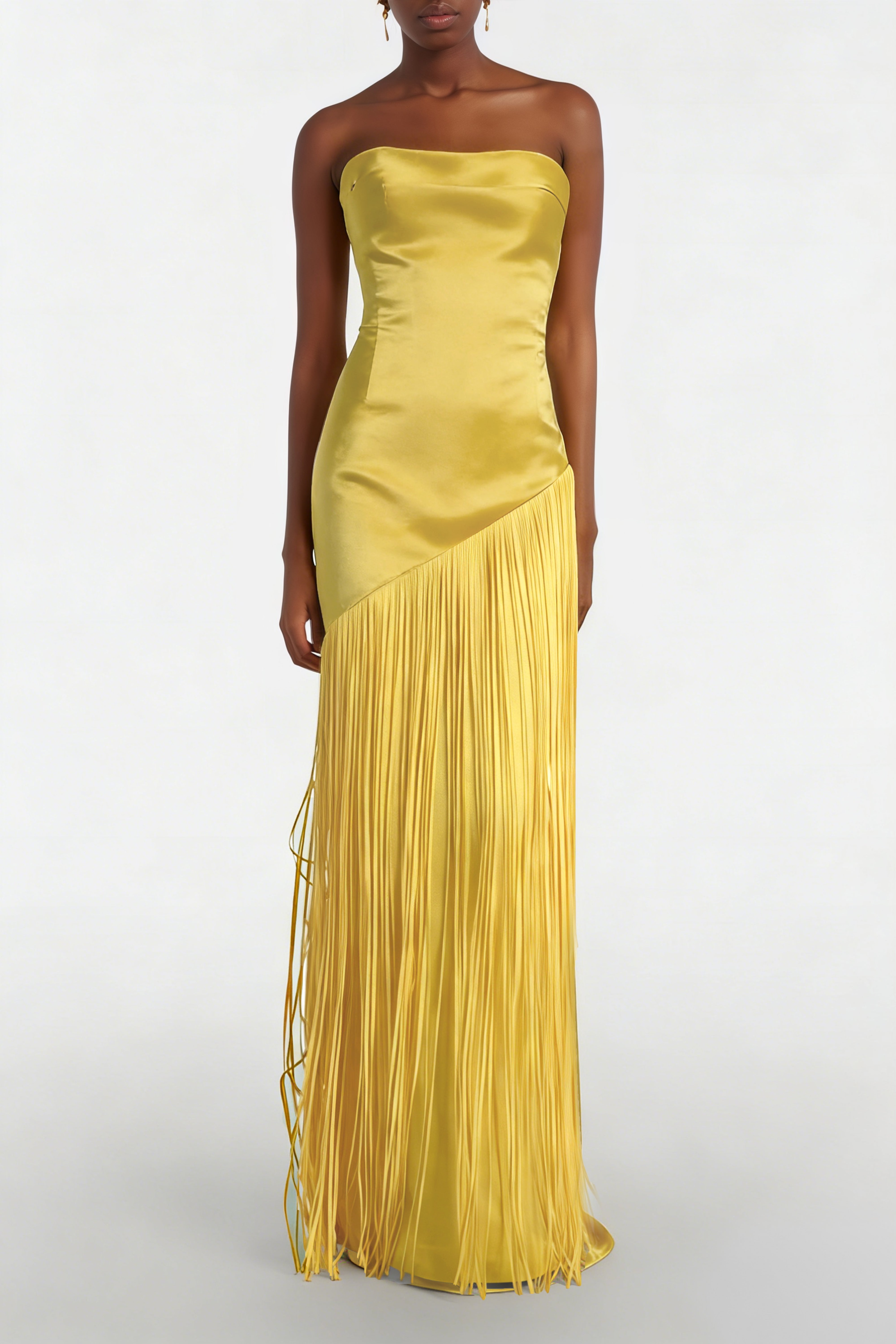 Cayetana Yellow Fringed Maxi Dress with Shawl Detail
