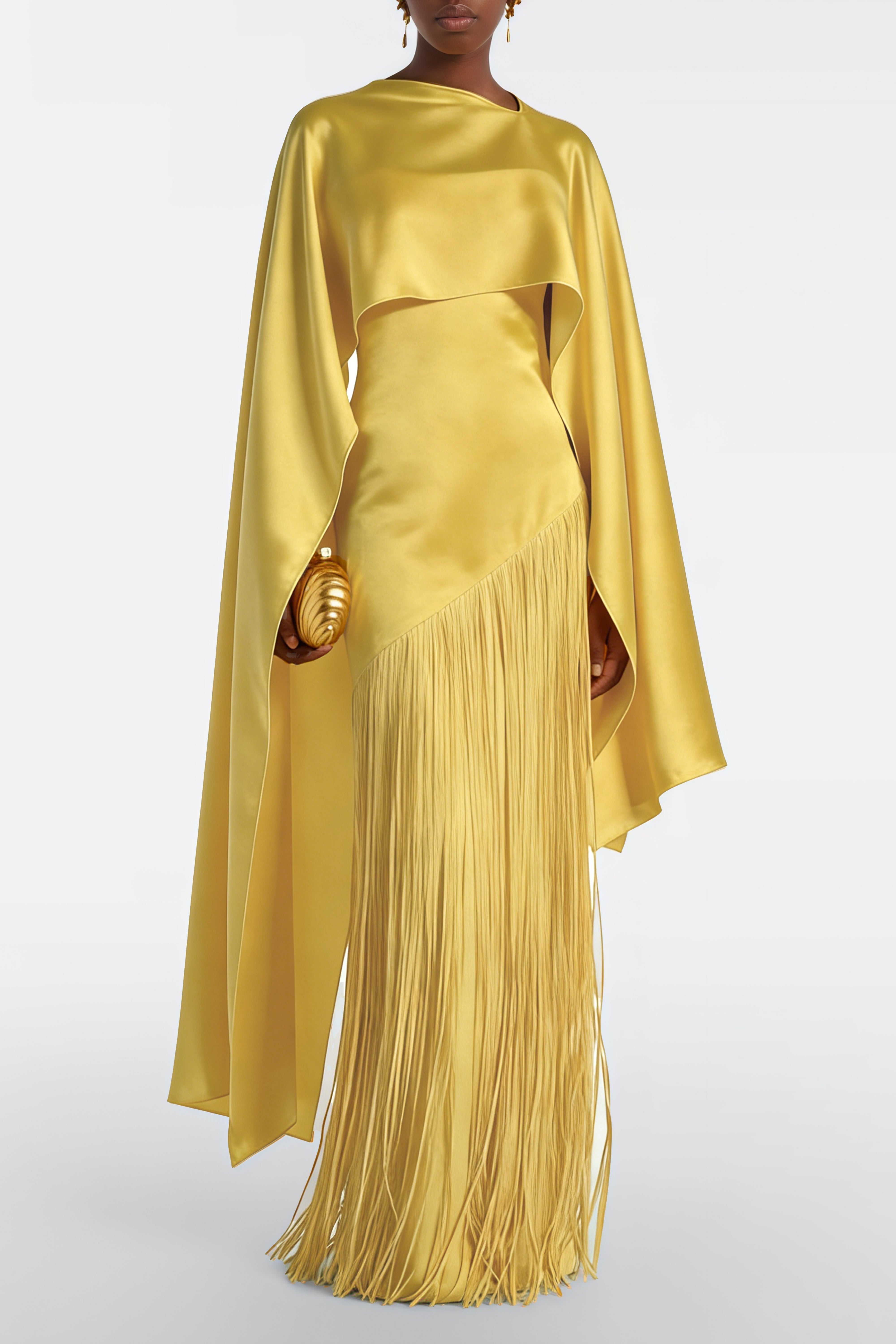 Cayetana Yellow Fringed Maxi Dress with Shawl Detail