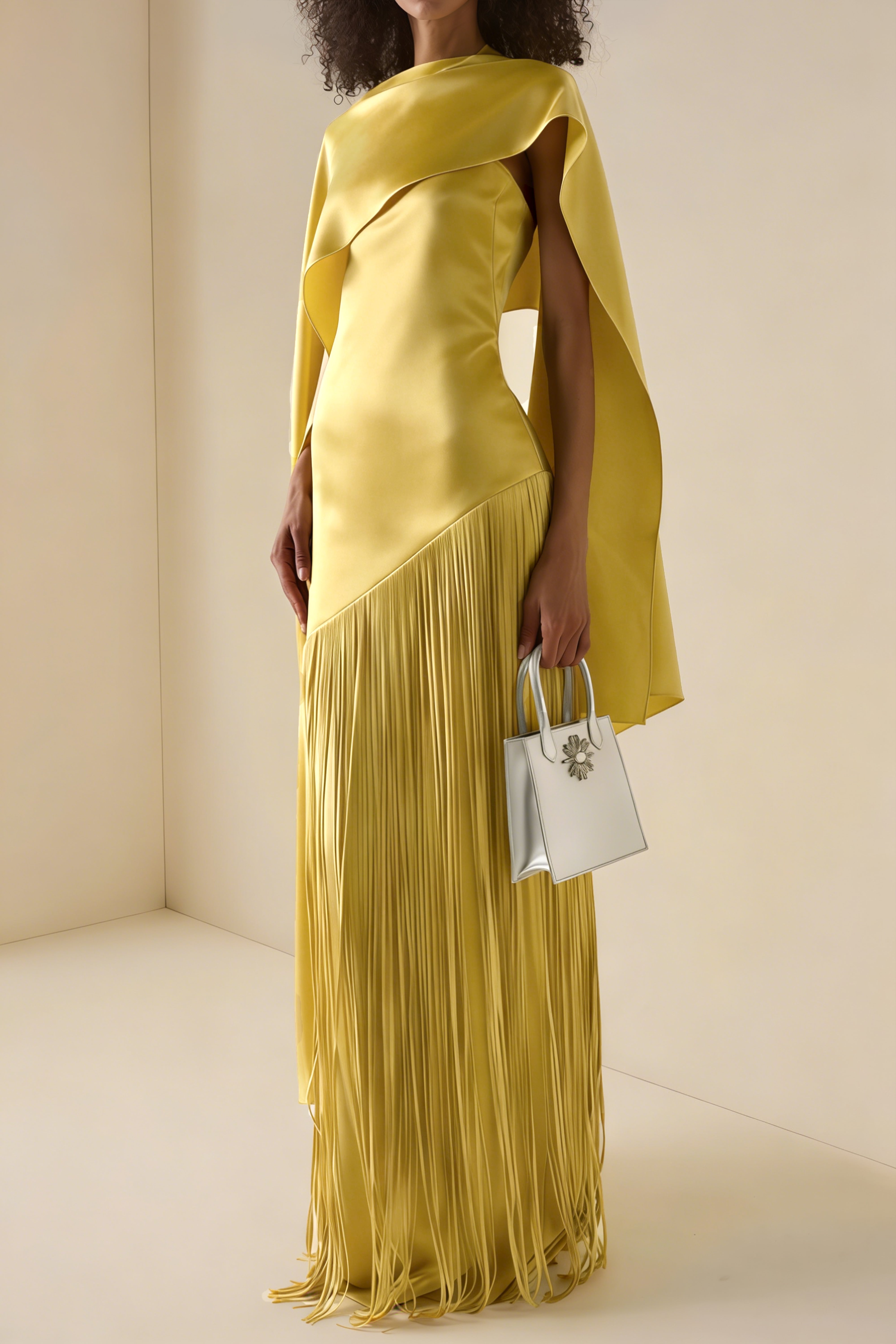 Cayetana Yellow Fringed Maxi Dress with Shawl Detail