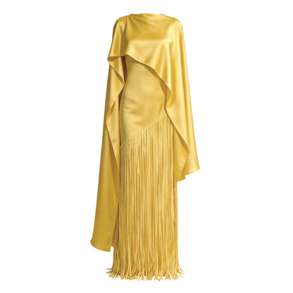 Cayetana Yellow Fringed Maxi Dress with Shawl Detail