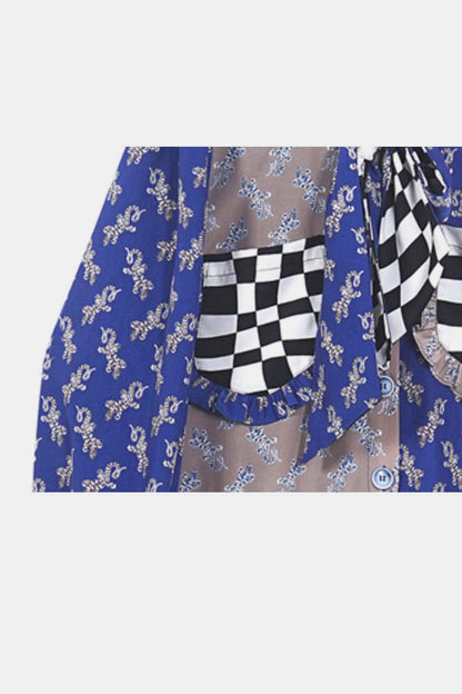 Blue Zone Planet | Checkered Frill Trim Pocket Puff Sleeve Shirt