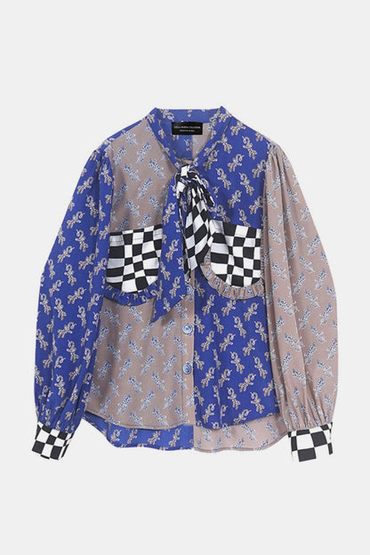 Blue Zone Planet | Checkered Frill Trim Pocket Puff Sleeve Shirt