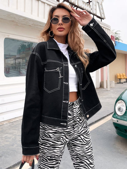 Blue Zone Planet | Collared Neck Dropped Shoulder Denim Jacket