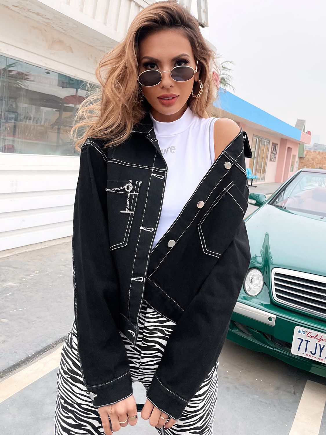 Blue Zone Planet | Collared Neck Dropped Shoulder Denim Jacket