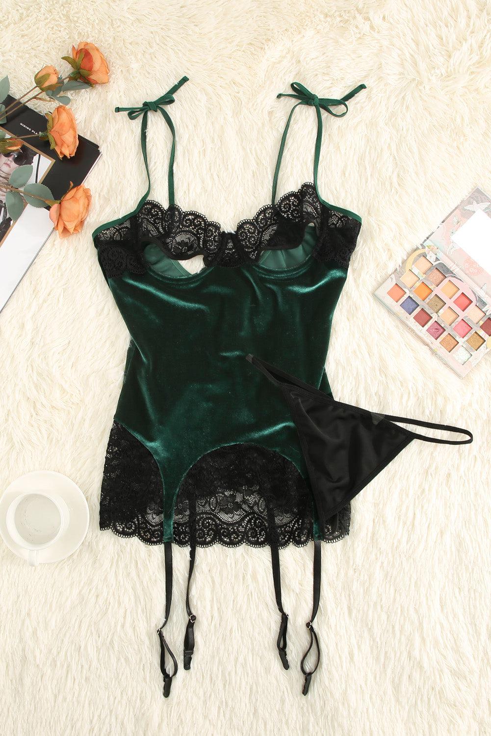 Blue Zone Planet | Contrast Lace Velvet Cutout Halter Neck Babydoll Set