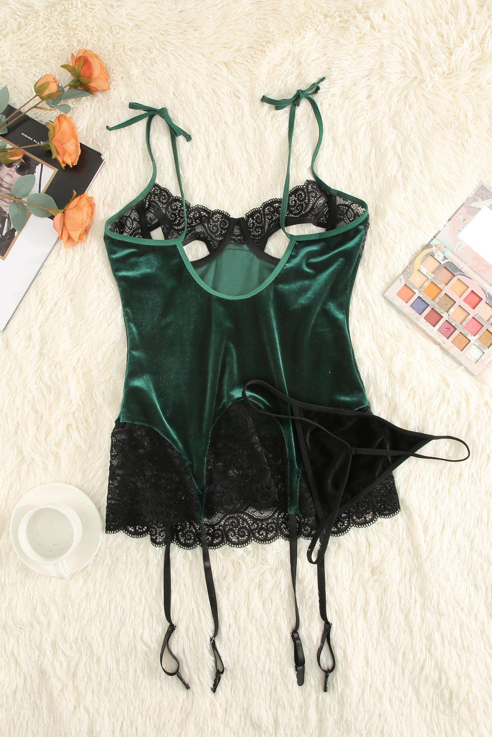 Blue Zone Planet | Contrast Lace Velvet Cutout Halter Neck Babydoll Set