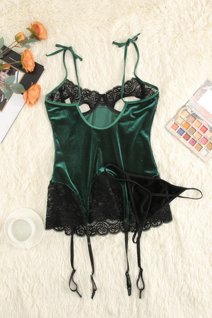 Blue Zone Planet | Contrast Lace Velvet Cutout Halter Neck Babydoll Set