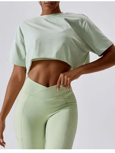 Blue Zone Planet | Cropped Round Neck Short Sleeve Active Top