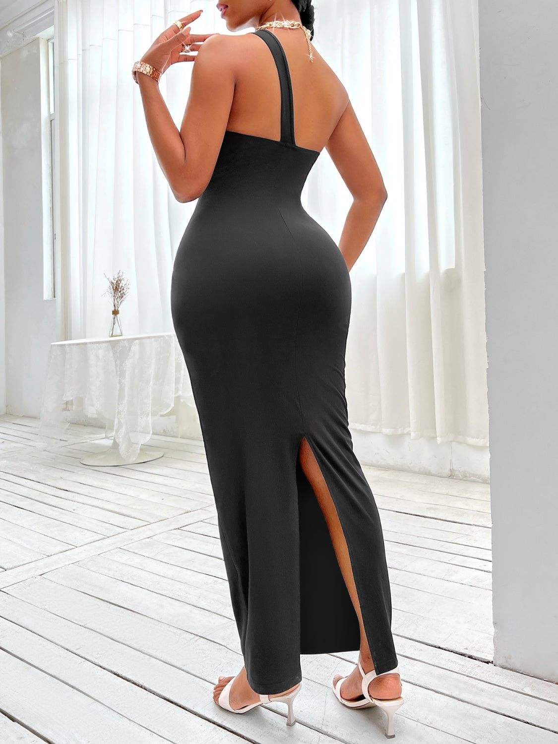 Blue Zone Planet | Cutout One-Shoulder Slit Maxi Dress