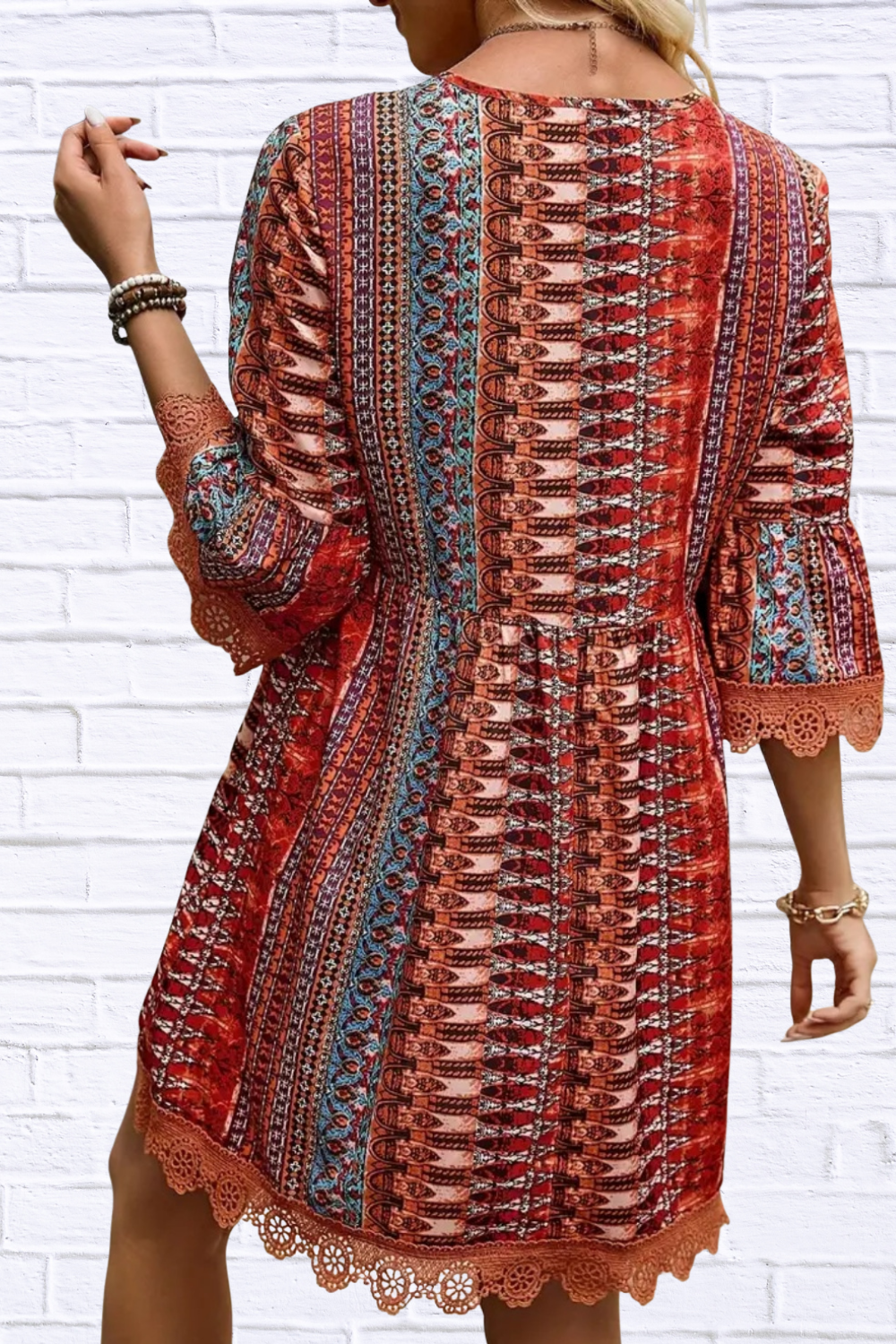 Lace Trim Printed V-Neck 3/4 Sleeve Dress