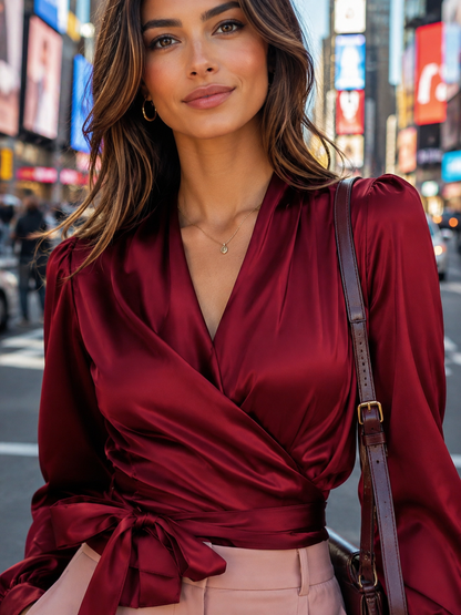 Women's Satin Tie Waist Wrap Blouse