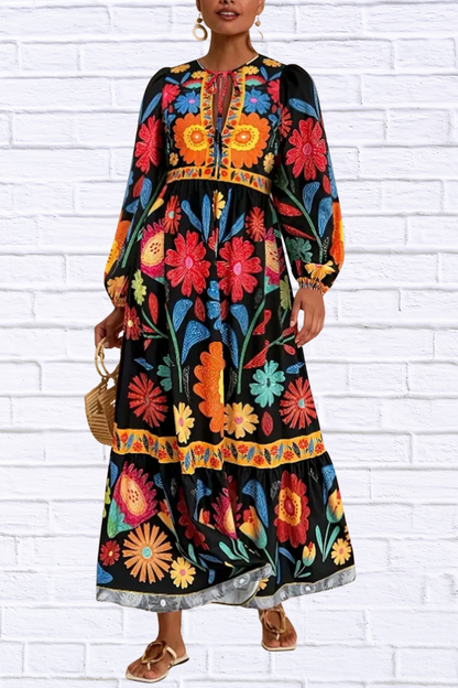 Floral Tie Waist Long Sleeve Dress