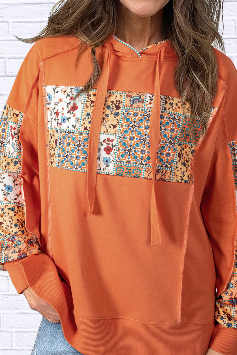 Floral Patchwork Hoodie with Drawstring