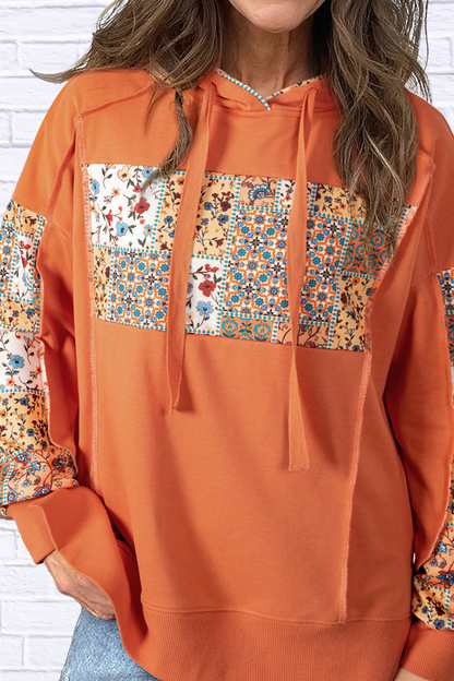 Floral Patchwork Hoodie with Drawstring