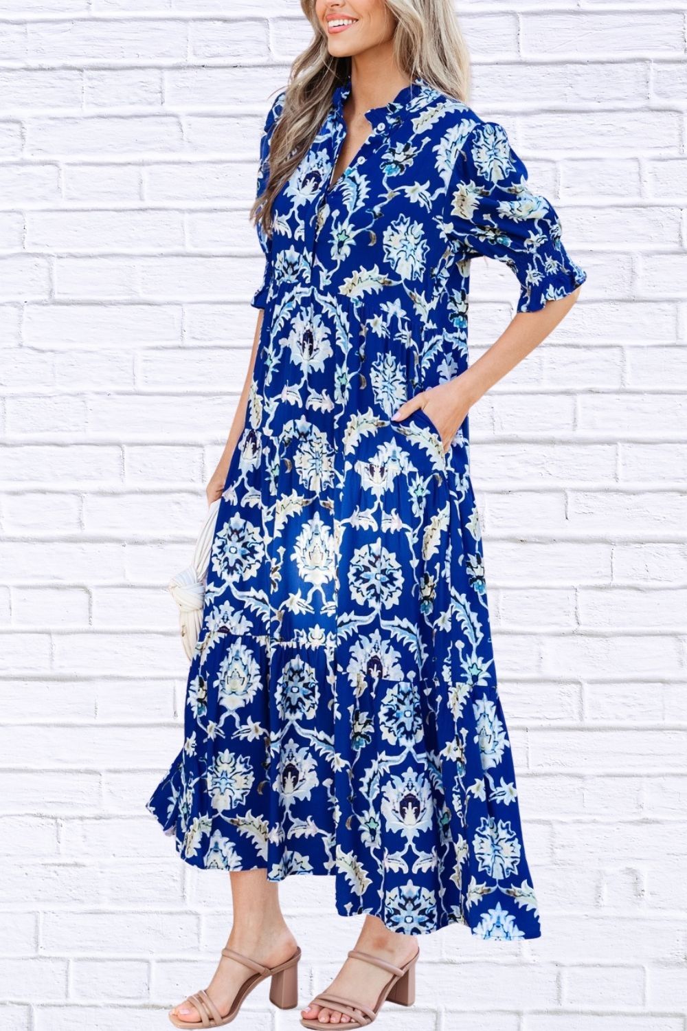 Wild Floral Print Frilled Collar Half Sleeve Dress for Women