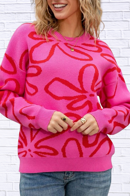 Flower Crew Neck Long Sleeve Sweater