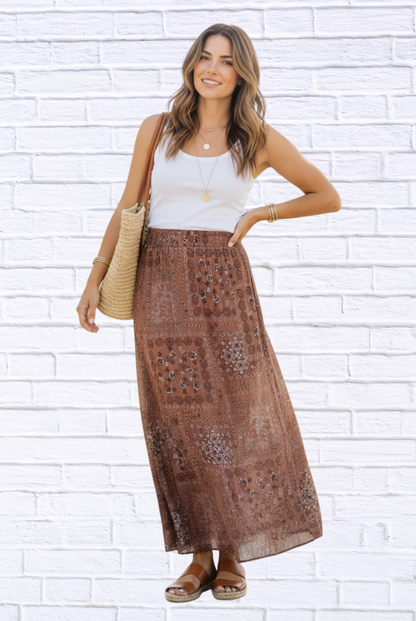 🤎 Boho Patchwork Printed Maxi Skirt