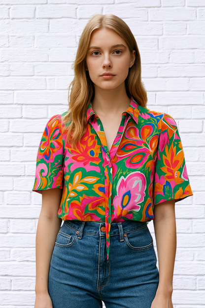Tropical Print Short Sleeve Tie Neck Blouse – Multicolor