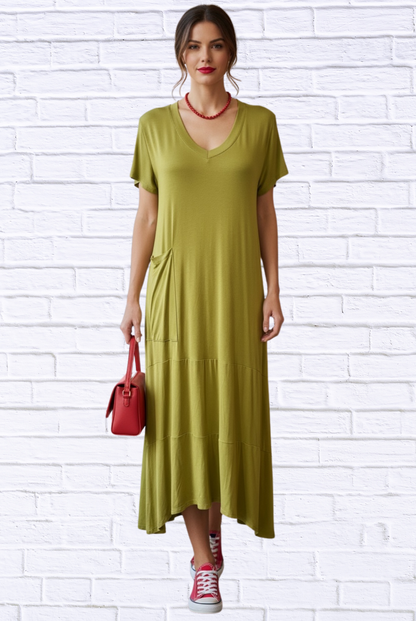 Women’s Soft Knit V-Neck Short Sleeve Maxi Dress with Pockets – Casual Summer Outfit