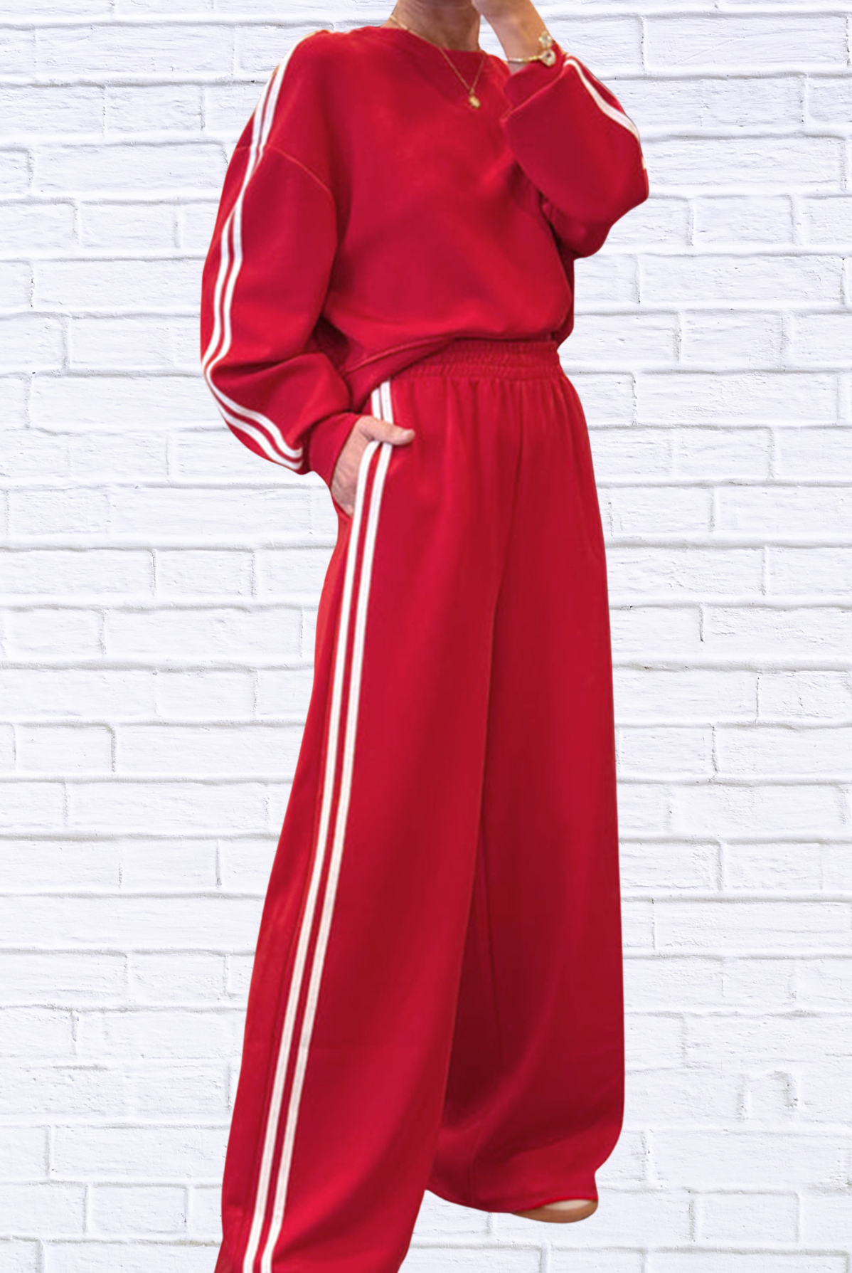 Striped Detail Crewneck Top and Elastic Sweatpants 2pcs Set